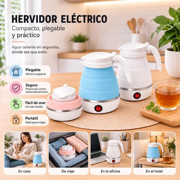 COLOR SOPRESA TETERA CAFETERA ELECTRICA PORTATIL CALENTADOR HERVIDOR PLEGABLE 600 ml, 3 COLORES DISTINTOS DE SILICONA GRADO ALIMENTICIO AGUA HERVIDA EN 9 MINUTOS DE FACIL TRASLADO CABLE DE LUZ SEPARABLE