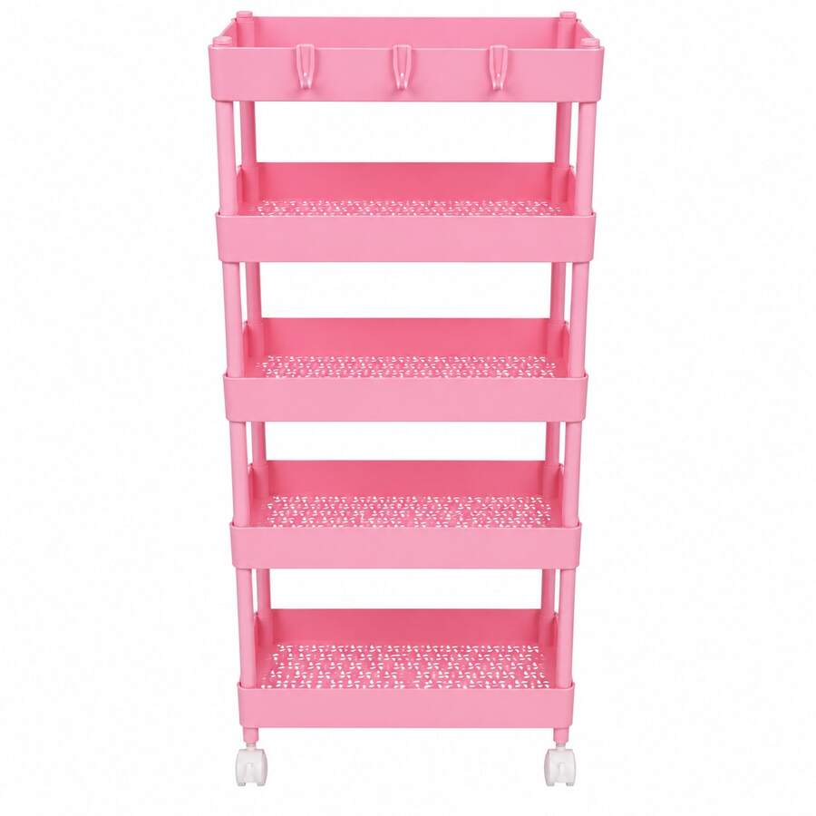 Carrito Organizador de 5 Niveles con Ruedas y Ganchos, Rosa - Rosa - Ver 1