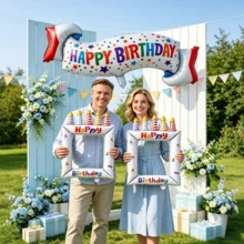 Happy Birthday Banner & Photo Frame Foil Balloon Set, 37 Inch Birthday Banner Balloon, 2pcs 28 Inch Selfie Photo Frame Balloons, Birthday Photo Props, Birthday Party Decorations - Happy Birthday Banner & Photo Frame - View 3