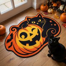 1pc, Washable 950g Velvet Pumpkin & Black Cat Irregular Decorative Rug, Non-Slip Polyester Bottom, 7mm Thick, Suitable For Living Room, Bedroom, Entryway, Small Rug, Decorative Rug, Area Rug, Halloween, Gift, All-Season, New Arrival, Easy To Clean - Multicolor - View 1