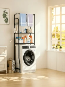 Multi-Layer Storage Rack For Washing Machines, Featuring Divided Storage Layers, A Top Pole For Hanging Towels, Side Hooks For Cleaning Tools, And Maximizing Unused Space In Bathrooms - Multicolor - View 2