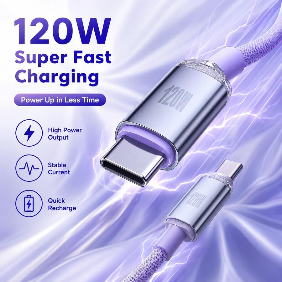 Kabel Data Pengisian Cepat Type-C ke Type-C 120W 6A, Jalinan Nilon, Kompatibel dengan iPhone 15-17 15Pro S25 S24 S23 S22 S21 12Pro P40 P60, Kabel Pengisian Daya Ponsel Android, Kabel USB C, Kabel Transfer Data Pro Pro, Kabel Dual Type-C - Mauve Purple - View 1