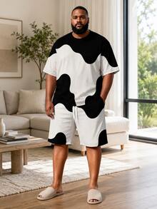 Plus Size Men's T-Shirt & Shorts Lounge Set, Casual Vacation Home Wear, Creative Black & White Wave Patchwork With Fine Vertical Stripes, Short Sleeve Top & Drawstring Shorts With Matching Print, Loose Fit, 2-Piece Loungewear For Home And Short Trips - Multicolor - View 2