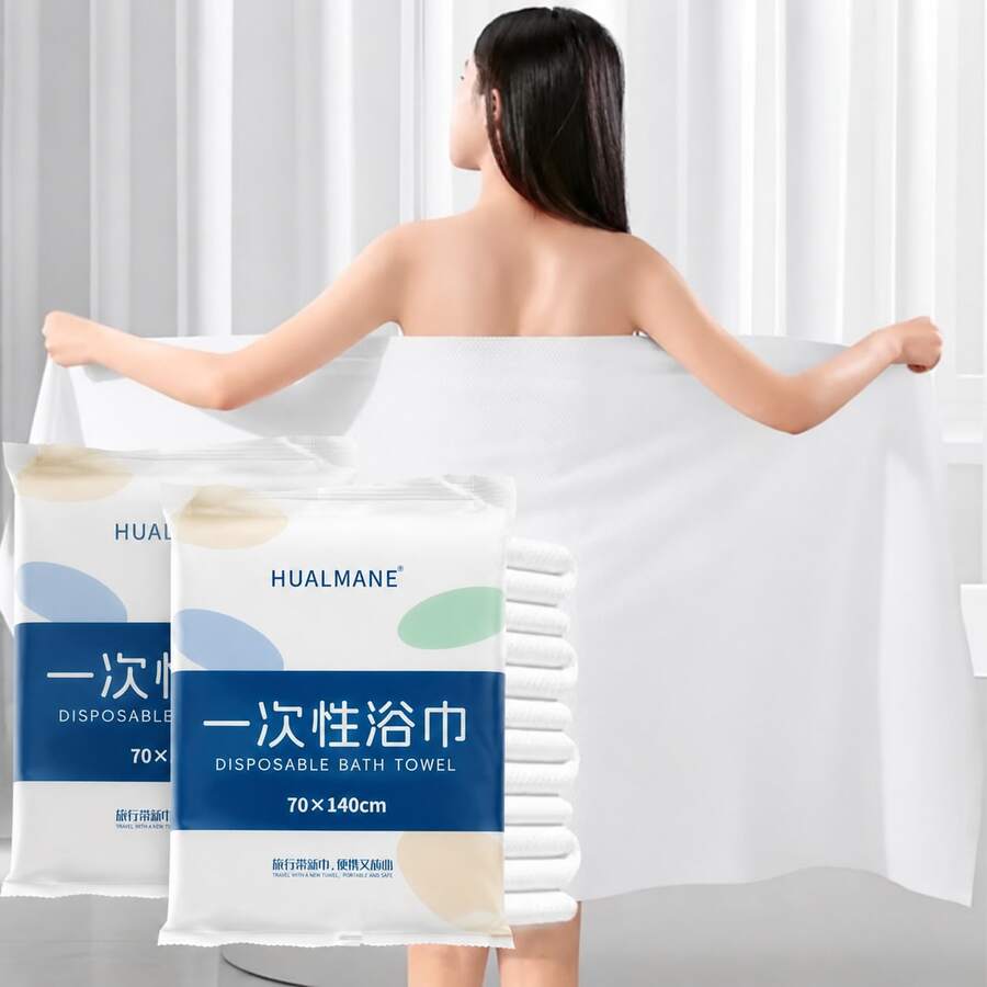 140*70cm 2/6/12入大尺寸一次性浴巾,便攜式一次性洗臉巾,乾濕兩用,旅行配件,適用於蜜月、海灘、淋浴、游泳和露營必需品(隨機發貨兩種包裝選項) - 彩色 - 查看 1