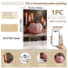 1pc Canvas Wall Art Print With Frame, Sweet & Cool Girl Style Pink Lace Pumpkin And Glowing Pink Candle Vintage Still Life Oil Painting, Soft Atmosphere Autumn Halloween Aesthetic Wall Poster For Modern Home Decor And Room Decoration - Pink Pumpkin - View 15