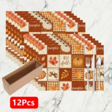 1pc/4pcs/6pcs, Pumpkin Pattern Printed Linen Placemats, Rectangular Table Mats, Washable, Easy To Clean, Plate Mats, Bowl Mats, Western Style Placemats, Suitable For Kitchen, Dining Room, Home Gatherings, Coffee Table And Daily Table Decor - Multicolor - View 16