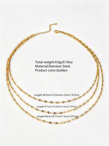 Fashion 3-Layer Women's Necklace, Delicate Thin Shiny Oval Chain Stackable Layered Necklace, Minimalist Stainless Steel Multi-Layer Neck Jewelry, Daily Party Gift - Yellow Gold - View 4