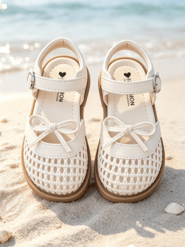2026 Summer Girls' Hollow Woven Closed-Toe Sandals With Bow, Soft Non-Slip Breathable Princess Shoes, Suitable For Children's Daily, School, Beach, Outdoor Wear