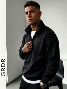 GRDR Men's Solid Color Long Sleeve Zip-Up Pullover Pullover Sweatshirt, Autumn/Winter - Black - View 9