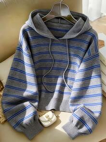 Women's Autumn/Winter Colorful Striped Round Neck Knitted Sweater, Slightly Sheer Texture With Matte Velvet Feel Vacation - Grey - View 2