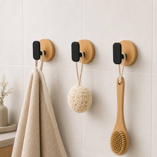 No-Drill Installation, No Need To Drill Holes On Smooth Walls, Expand Practical Hanging Space. PP Material + Bamboo Combination Design, Black PP Hook Paired With Natural Bamboo Base, Fresh Style With Modern Texture. Base Only 5cm, Compact Space-Saving, Small Round Base Doesn't Take Up Much Space, Suitable For Bathroom, Kitchen, Bedroom, Entryway.