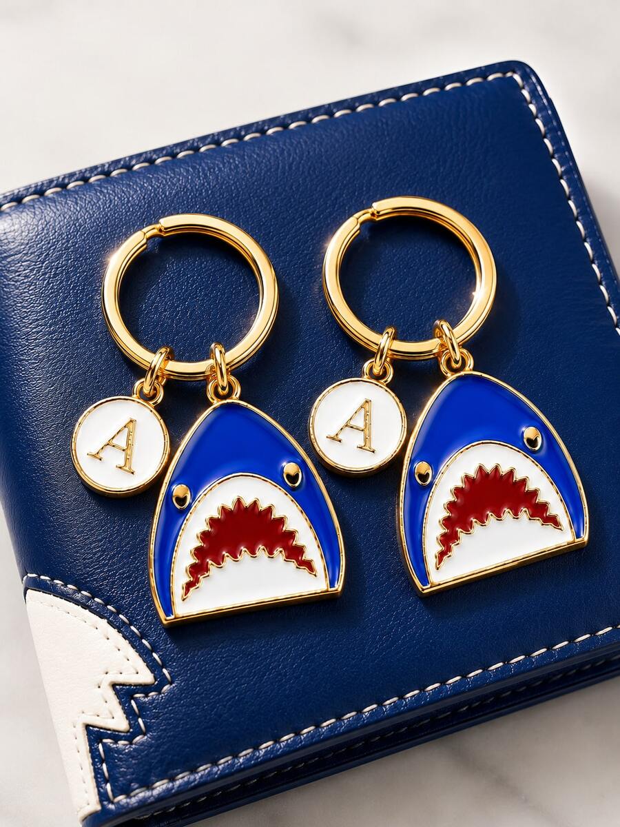 2 piezas Llavero de tiburón con gota de aceite, Llavero de tiburón personalizado de oro, Colgante de bolso estilo océano