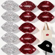 6pcs Hot Melt Glue Shiny Rhinestone Lip Stickers - Red & White Heat Transfer Glossy Lip DIY Decals, Suitable For Clothing, Hats, Jackets, Bags, Blankets - Charming Lip-Shaped Rhinestone Stickers For Parties, Costumes And Unique Gifts - A - View 2