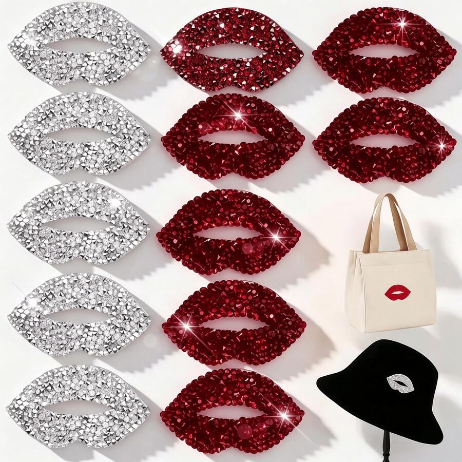 6pcs Hot Melt Glue Shiny Rhinestone Lip Stickers - Red & White Heat Transfer Glossy Lip DIY Decals, Suitable For Clothing, Hats, Jackets, Bags, Blankets - Charming Lip-Shaped Rhinestone Stickers For Parties, Costumes And Unique Gifts