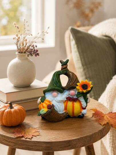Fall Harvest Double Gnome Tabletop Statue Decor With Pumpkin Sunflower Corn Basket Thanksgiving Seasonal Accent For Indoor Living Room Bedroom Desk Coffee Table Shelf Mantel Home Display