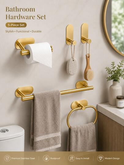 4/5pcs Stainless Steel Bathroom Accessories Set, Wall Mounted Towel Rack, Towel Ring, Toilet Paper Holder & Robe Hook, Modern Bathroom Storage Organizer For Home, Hotel, Apartment & Guest Room, Gold/Silver