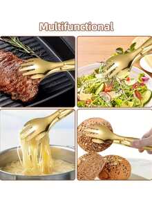 1/2/3pcs Thickened Stainless Steel Finger-Shaped Food Tongs, Designed For Searing Steak And Grilling, Buffet BBQ Food Clips - Gold - View 4