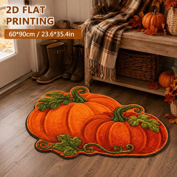 1pc, Washable 950g Velvet New Pumpkin & Black Cat Asymmetrical Decorative Rug, Non-Slip Polyester Fiber Bottom, 7mm Overall Thickness, Suitable For Living Room, Bedroom, Entryway, Small Rug, Decorative Rug, Area Rug, Halloween, Gift, All-Season, Platform New, Easy To Clean