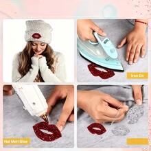 6pcs Hot Melt Glue Shiny Rhinestone Lip Stickers - Red & White Heat Transfer Glossy Lip DIY Decals, Suitable For Clothing, Hats, Jackets, Bags, Blankets - Charming Lip-Shaped Rhinestone Stickers For Parties, Costumes And Unique Gifts - A - View 5