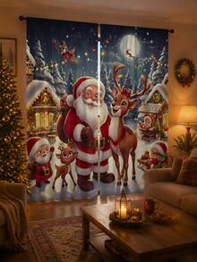 2pcs Santa Claus & Reindeer Print Decorative Curtains, No-Drill Rod Pocket Design, Easy Installation & Removable, Polyester Material, Suitable For Living Room, Bedroom, Holiday Party Decoration, Christmas Home Decor - Multicolor - View 6