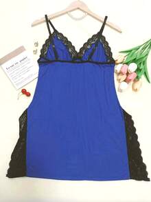 1pc Plus Size Women Lace Trim Bow Decor Side Slit Slip Nightgown, Moo Moo Night Dress - Royal Blue - View 6