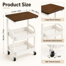 2-Tier Rolling Storage Cart With Tabletop, Mobile Utility Organizer With Mesh Baskets And Wheels, Compact Side Table Shelf For Bedroom, Kitchen, Living Room, Office, Dorm & Daily Home Storage - White - View 8