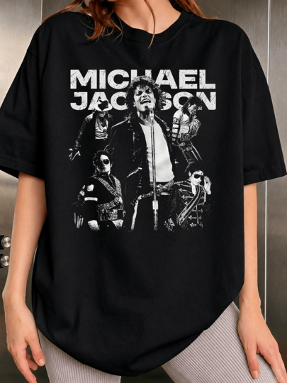 MMichael Jackson Black Vintage Tee With Cracked White Name Print, Central Concert Portrait And 4 Iconic Stage Looks. Retro American Street Style.