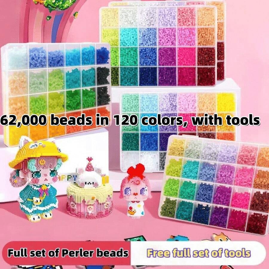 62,000pcs 120 Colors Full Set, High-Quality Hama Beads Set, Complete DIY Pixel Art Gift Pack, With Full Upgraded Tool Kit, Suitable For Family, Handmade Pixel Art Crafts, Craft Beads Set, Creative Art