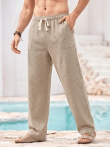 Mercer Haus Men's Straight Leg Casual Loose Fit Versatile Drawstring Pure Cotton Pants - Khaki - View 1