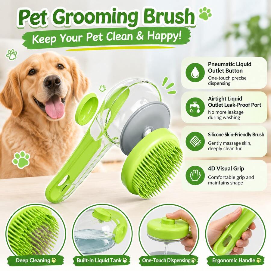 1pc Soft Bath Brush Set With Soap And Shampoo Dispenser, Soft Bristles Suitable For Both Long-Haired And Short-Haired Cats And Dogs.