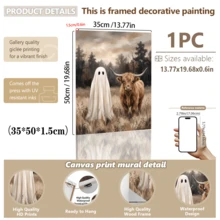 1pc Framed Canvas Wall Art, Vintage Country Style Highland Cow And Cute Ghost Wilderness Oil Painting Canvas Wall Decor, Low Saturation Atmospheric Autumn Forest Farmhouse Poster, Hot-Selling Home Decor Wall Hanging, Suitable For Modern Home Decoration - Ghost - View 18