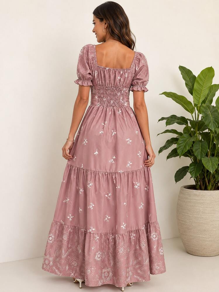 Elegant Long Women's Dress With Short Sleeves And Print - Baby Pink - View 2