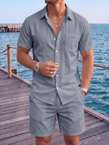Men's Summer Breathable Comfortable Short Sleeve Linen Button-Down Shirt, Single Pocket Design, Breathable And Fashionable, Suitable For Beach Vacation And Casual Summer Wear - Grey - View 2
