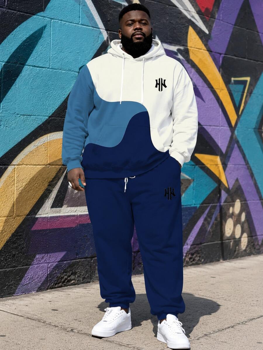 Men's Street Casual Minimalist Series "Wave Pattern Colorblock Patchwork And Trident" Plus Size Hoodie Sweatshirt Set Spring Autumn Winter Sports 2 Pieces Set - Ins Style Loose Fit Plus Size Comfortable Relaxed Fit Hoodie + Jogger Pants Street Hip Hop Versatile - Multicolor - View 1
