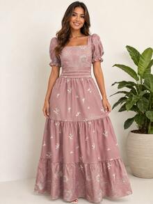 Elegant Long Women's Dress With Short Sleeves And Print - 淺粉色 - 查看 1