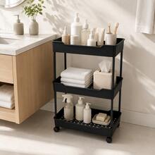 3-Tier/4-Tier Rolling Storage Cart With Wheels, Slim Multi-Purpose Utility Organizer, Open Shelf Mobile Trolley For Kitchen, Bathroom, Laundry Room, Bedroom & Office, Black Or White - Black - View 3