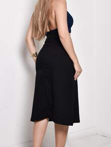Women's Long Denim Skirt With Pockets, Flared, Distressed Hem, High Waisted, Elegant - 黑色 - 查看 2