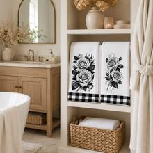 2pcs Vintage Black & White Rose Floral Theme Bathroom Towels, Suitable For Bathroom Cleaning, Home Cooking, BBQ, Bathroom Cleaning, Outdoor Activities And Tea Party Decor Home Supplies - Multicolor - View 5