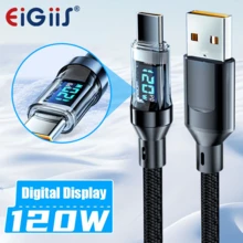 EIGIIS 1/2入 120W 超快充 USB-A 轉 Type-C 數據線，附 LED 顯示螢幕，磨砂質感，支援數據同步與 PD 快充，6A 大電流，適用手機、智慧型手機與裝置充電適配器，USB 充電線，黑色 - 黑色 - 查看 2