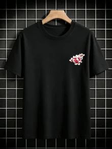 100% Cotton Men's Short Sleeve Tee, Oriental Floral Back Graphic Top, East Asian Street Style, Casual Shirt For Daily Wear, Outings & Commute - 黑色T-shirt - 查看 3