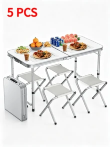5pcs Portable Aluminum Camping Table Including 4 Stools, Foldable For Storage, Lightweight And Durable, Height Adjustable, Foldable Camping Table And Chair Set, Suitcase-Style Outdoor Picnic Table, Suitable For Travel, Beach And Backyard Barbecues - Multiple Specifications - View 1