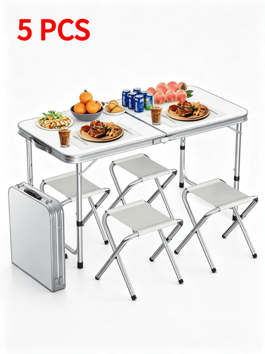5pcs Portable Aluminum Camping Table Including 4 Stools, Foldable For Storage, Lightweight And Durable, Height Adjustable, Foldable Camping Table And Chair Set, Suitcase-Style Outdoor Picnic Table, Suitable For Travel, Beach And Backyard Barbecues - Multiple Specifications - View 1