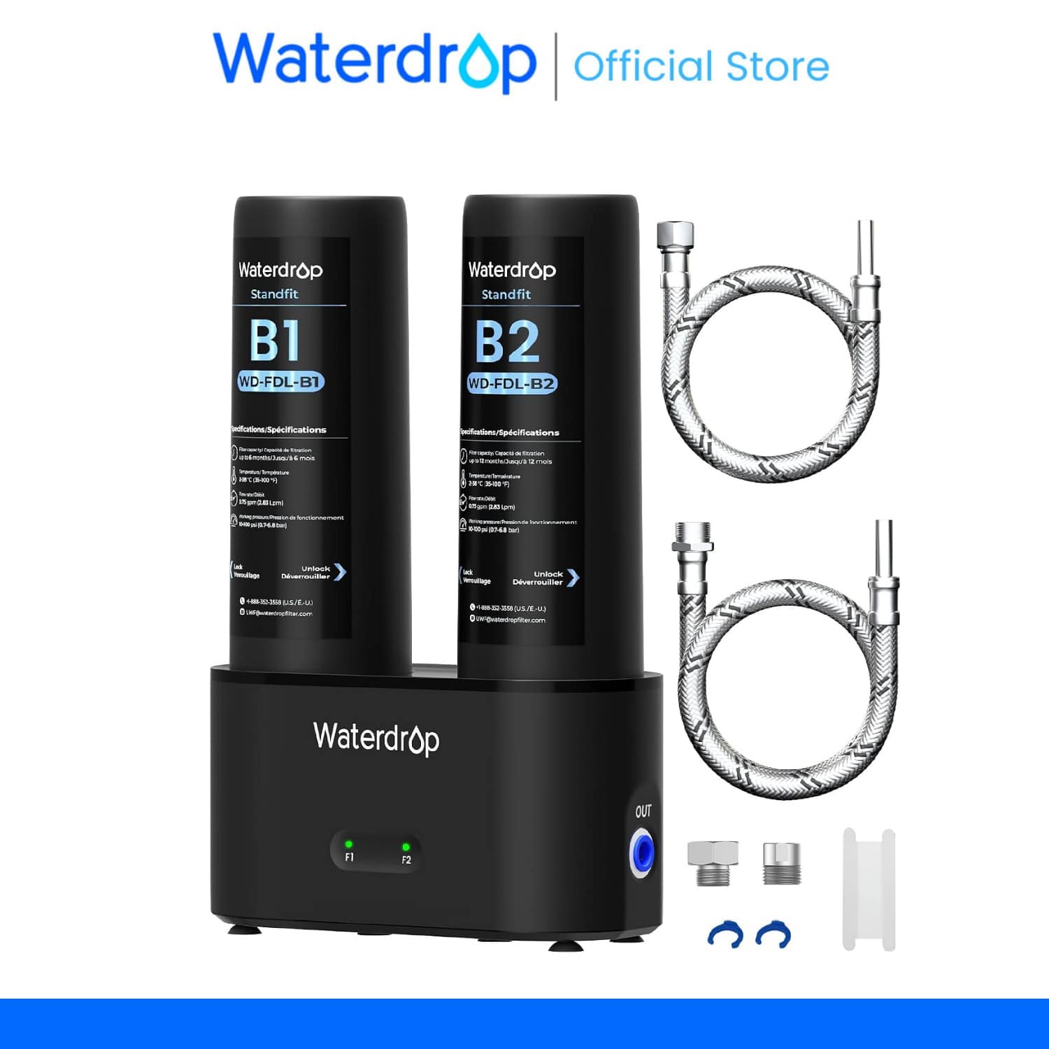 Waterdrop DLA filtr do wody pod zlew, bez wiercenia, redukuje chlor, PFAS, smak/zapach, wskaźnik żywotności filtra, 2-stopniowy, łatwa instalacja