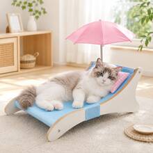 Elevated Wooden Cat Bed With Breathable Mesh, Summer Cat Lounge Chair With Sunshade And Soft Pillow, Cool Indoor Pet Hammock - Cadet Blue - View 4
