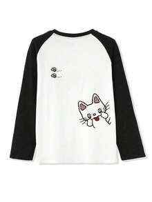Women's Fashion Autumn Cotton Loose Fit Versatile Cartoon Print Long Sleeve T-Shirt Top - Black and White - View 6