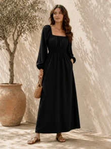 Women's Bohemian Style Black Square Neck Long Sleeve Flowy Casual Bohemian Dress With Pockets Elegant - Black - View 2