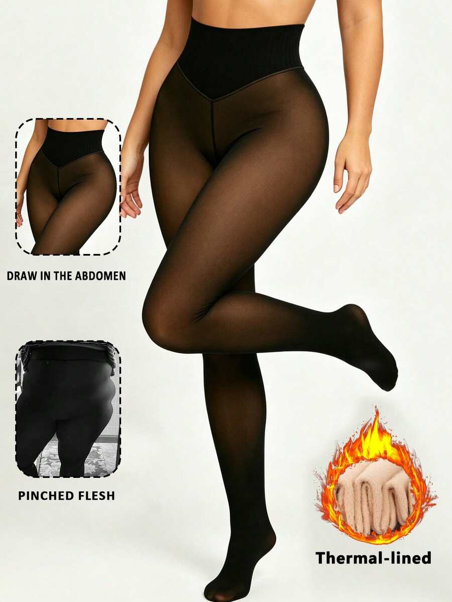 Women's Warm Thermal Lined High Waist Shaping Leggings, Seamless Elastic Compression Tights, Winter Thermal Slimming Base Layer - Clear - View 1