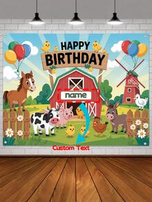 1件可客製化個性化農場主題生日背景布條，粉色農場動物圖案，生日派對主題，可客製化姓名，生日快樂，適合生日週年、拍照亭與慶祝活動，無需用電，3種尺寸可選 - 彩色 - 查看 3