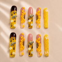 10pcs Handmade Long Square Press On Nails For Women, Yellow Brown Full Cover Fake Nails With 3D Bee, Flower, Honey Drip And Glitter Sugar Decor, Glossy Nail Tips For Spring, Summer, Picnic, Party, Vacation, Festival And Photoshoot - 黃色 - 查看 2