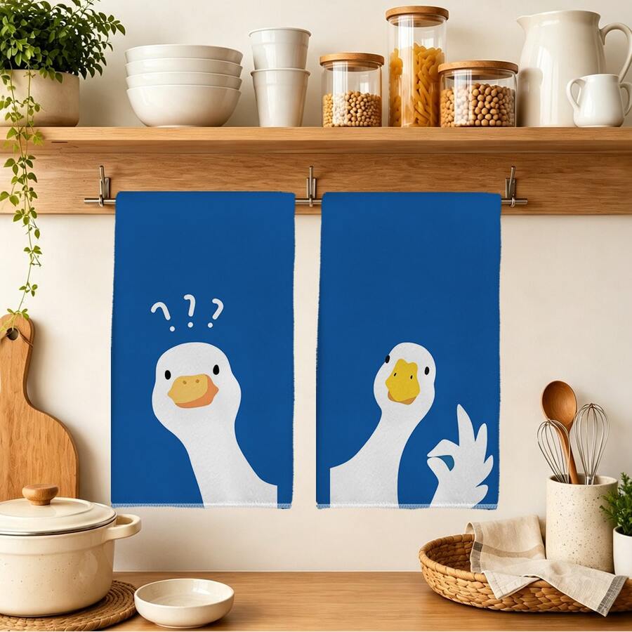 2 Buah Handuk Dapur Motif Kartun Bebek Minimalis Lucu Tanda Tanya 40*60cm Gaya Minimalis Modern Persegi Panjang Handuk Dapur Mikrofiber, Kain Lap Piring, Taplak Meja, Handuk Tangan, Dekorasi Dapur, Hadiah Pindah Rumah untuk Tetangga, Sempurna untuk Penggunaan di Dapur dan Kamar Mandi, Cocok untuk Ibu Rumah Tangga dan Pertemuan Keluarga, Nilai Uang Tinggi, Perlengkapan Rumah Tangga Penting - Biru - View 1